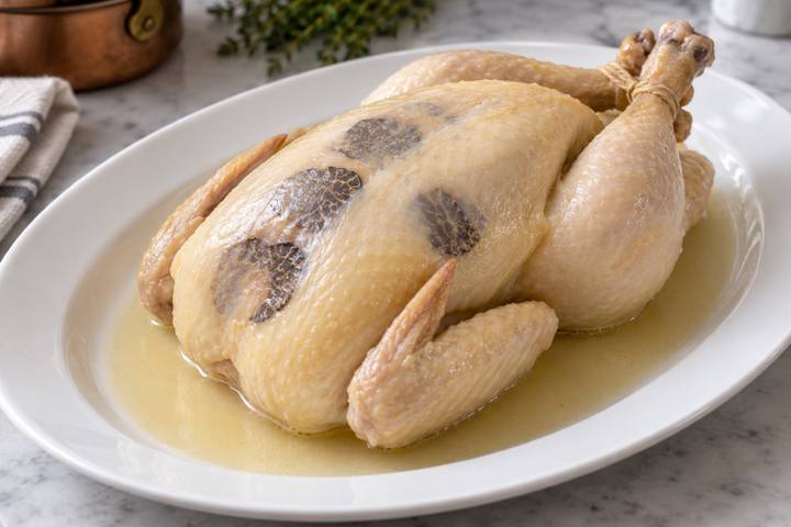 丸ごとの鶏の淡い色の皮の下に、黒いトリュフの薄切りが透ける料理
