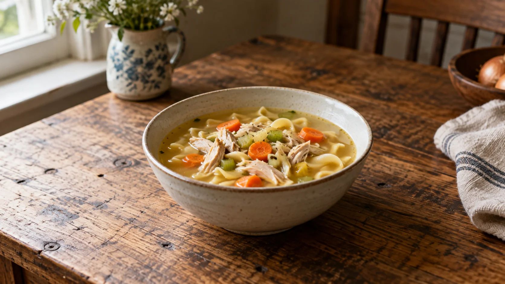 A bowl of homemade chicken noodle soup with egg noodles, carrots and celery on a wooden kitchen table
