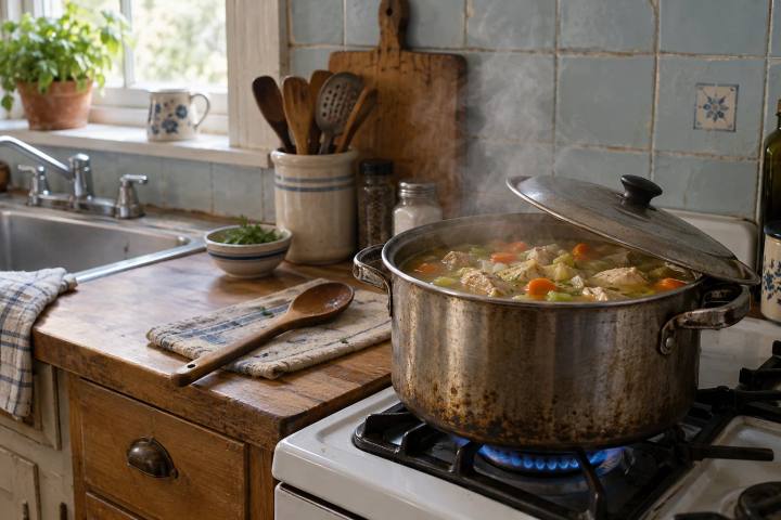 Steam rising from a soup pot with its lid tipped open on the stove of an old home kitchen