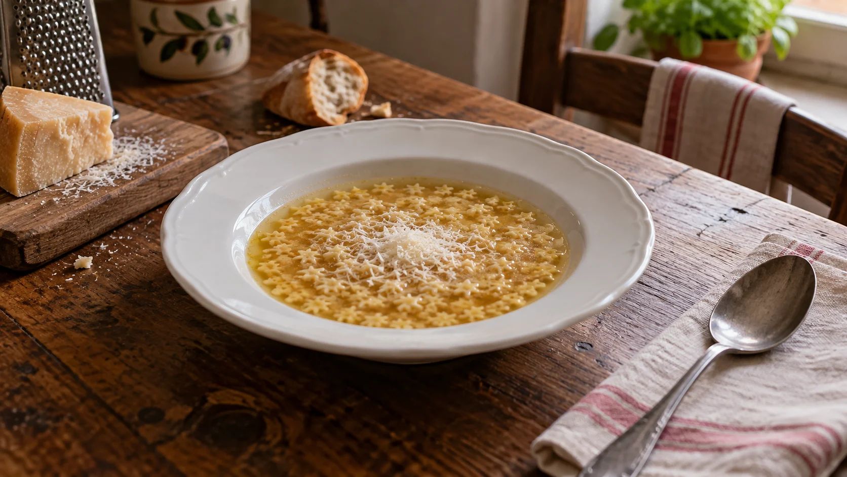 Un piatto fondo di pastina in brodo con una spolverata di parmigiano su un tavolo di cucina in legno