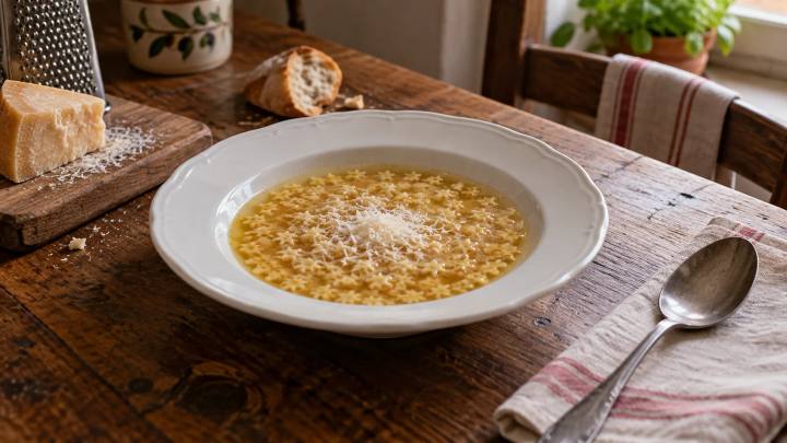 Un piatto fondo di pastina in brodo con una spolverata di parmigiano su un tavolo di cucina in legno