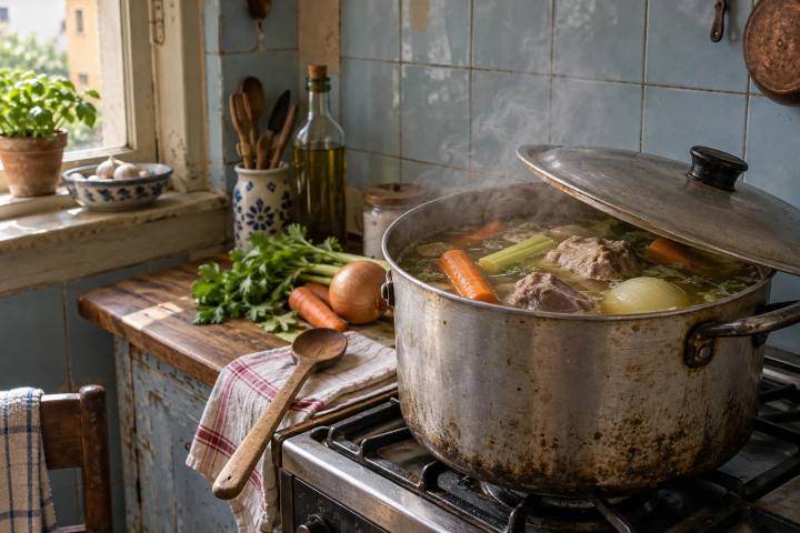 Il vapore che sale da una pentola con il coperchio socchiuso sul fornello di una vecchia cucina di casa