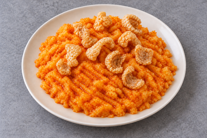 豚皮の揚げ物を添える