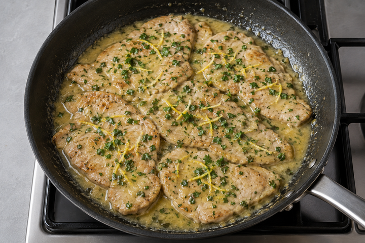 豚肉にソースを絡めて仕上げる