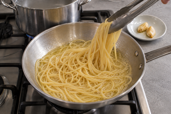 パスタを茹でてオイルと乳化させる