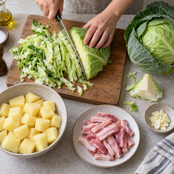 野菜と豚肉を切る