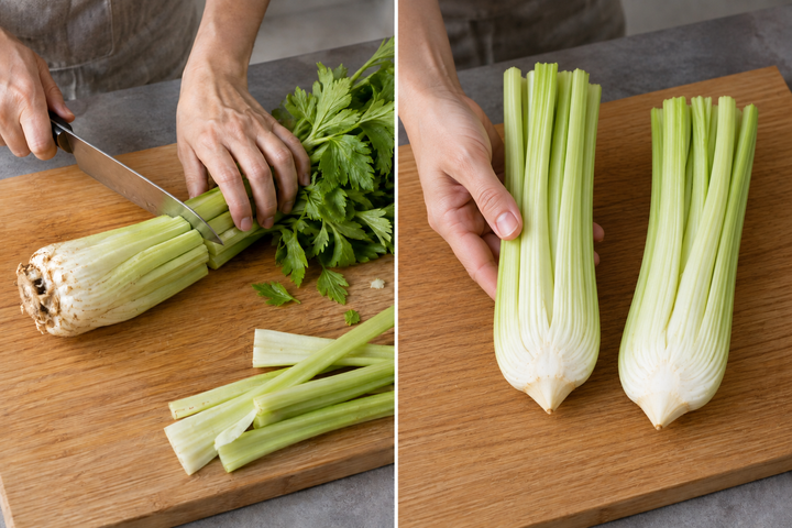 Trim the celery to 20cm and remove strings