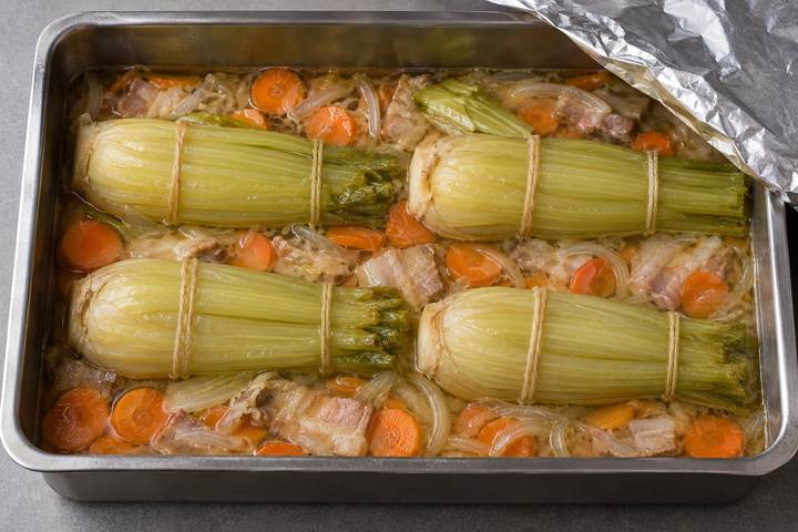 Braise under foil at 180°C for 1 hour 30 minutes