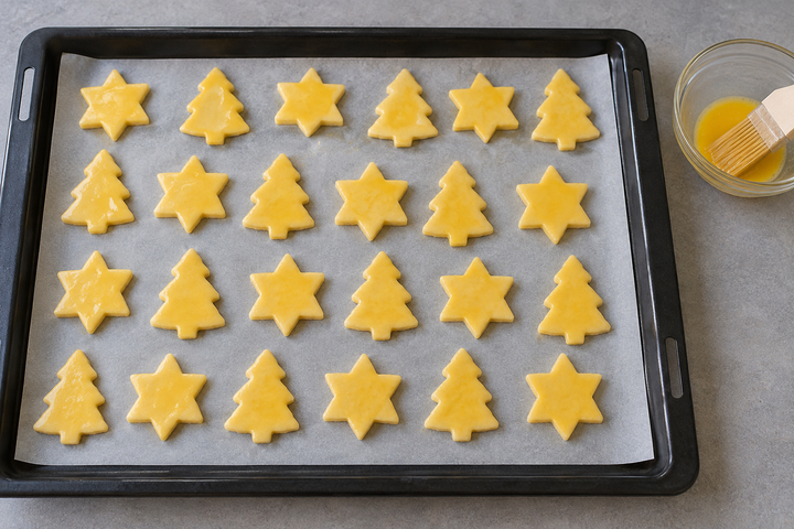Roll to 4mm, cut out the cookies and brush with egg yolk