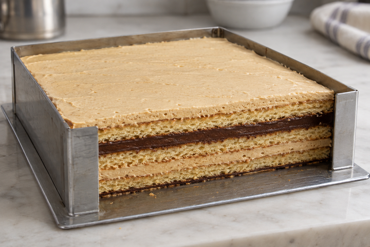 Cut 18cm squares, coat the bottom with chocolate and layer in a frame