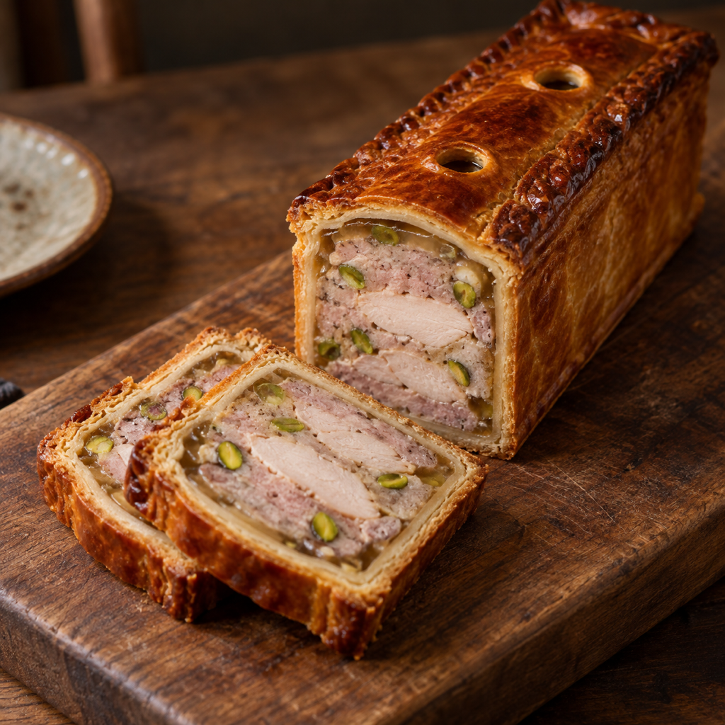 Pâté en croûte con maiale, pollo e pistacchi