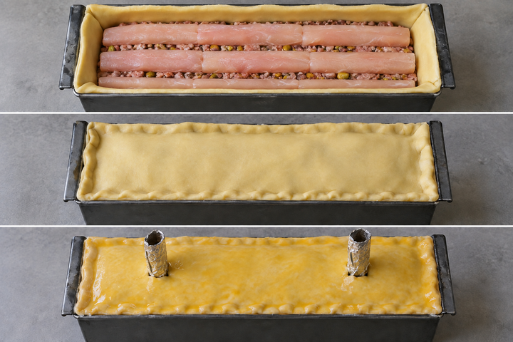 Layer filling and chicken breast, close and add chimneys
