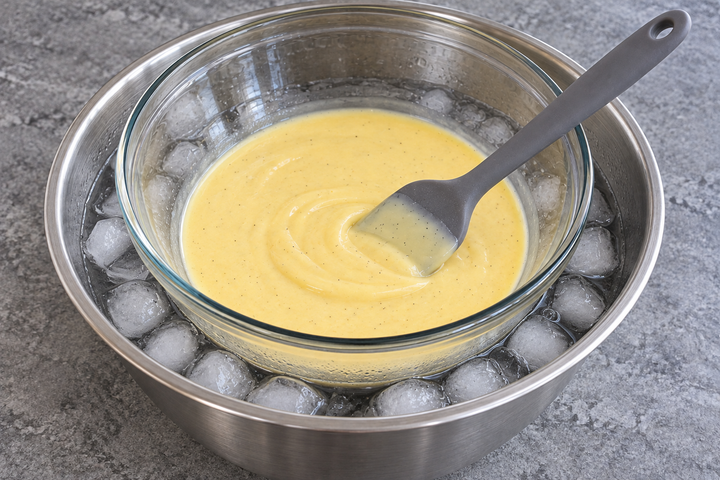 Raffreddare la crema in acqua e ghiaccio