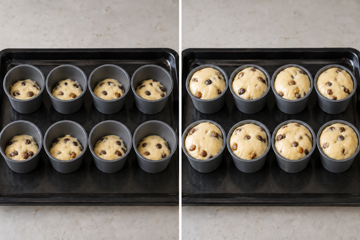 Butter 8 molds, divide the dough and proof until doubled