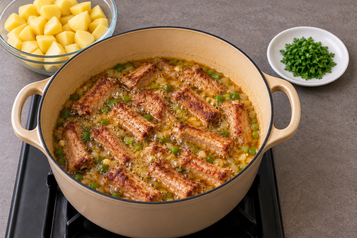 野菜と肉をワインで煮る