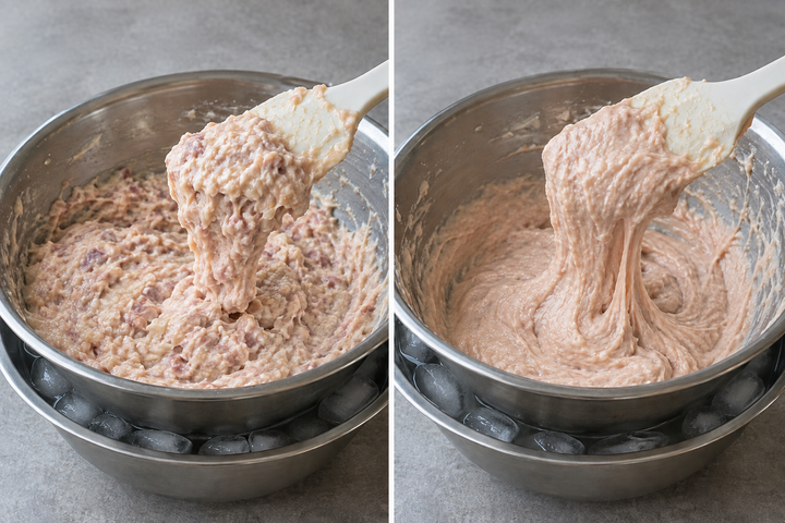 Chop meat and fat and gradually mix in eggs and milk