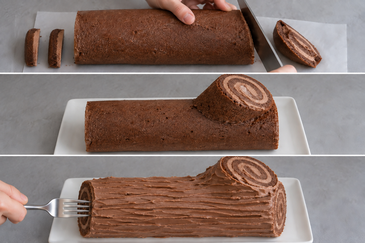 Cut the ends, add a branch and make bark marks in the cream