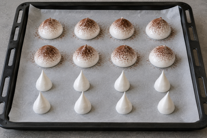 Pipe meringue mushrooms and dry at 100°C