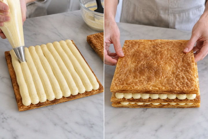 Trim to 20cm squares and pipe cream between 3 layers