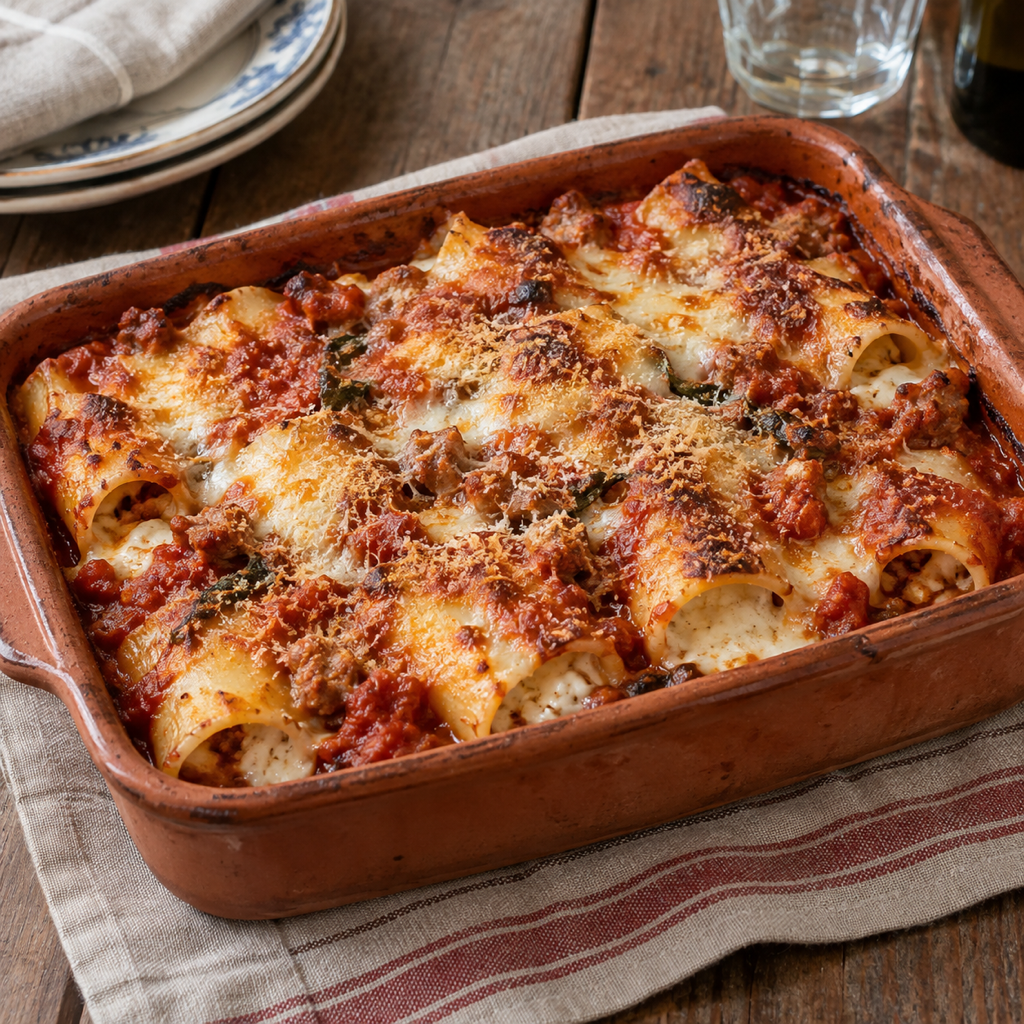 Paccheri al forno con salsiccia e ricotta