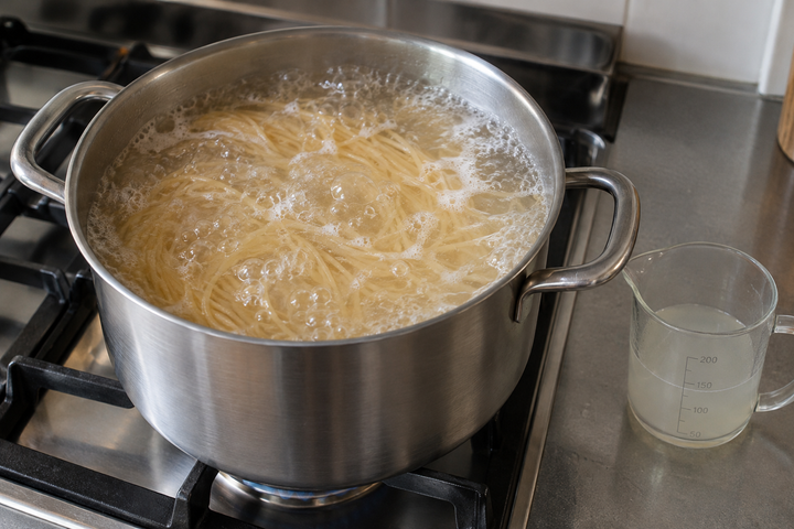 スパゲッティを茹でて茹で汁を取る