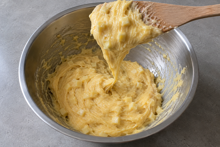 Add the eggs gradually off the heat, then Comté