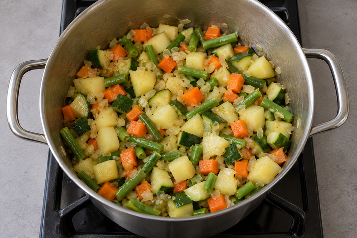 玉ねぎと野菜を炒め合わせる