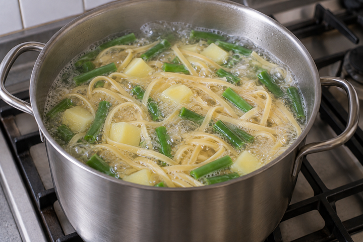 さやいんげんとパスタを加える