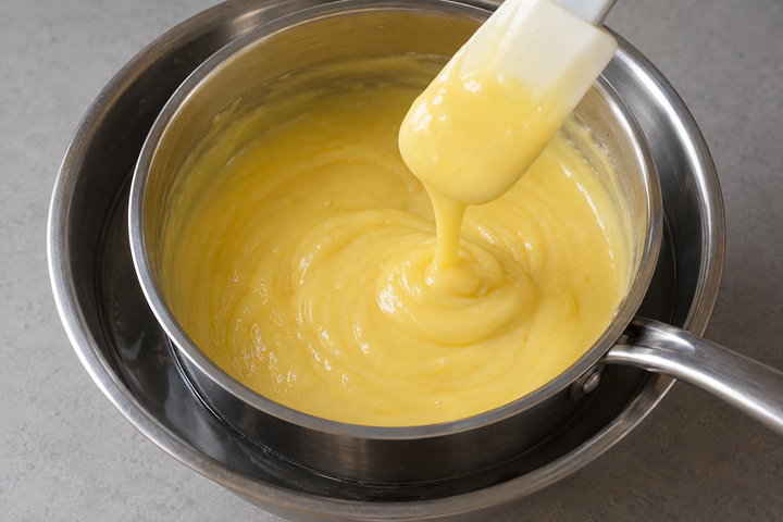 Cook flour and sugar with boiling water, add lemon, yolks and butter, then cook over a water bath for 15 minutes