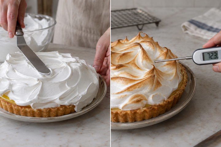 Cover the hot cream to the edges and bake at 160°C for 25–30 minutes