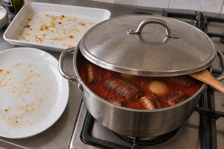 肉を鍋に戻し弱火にする