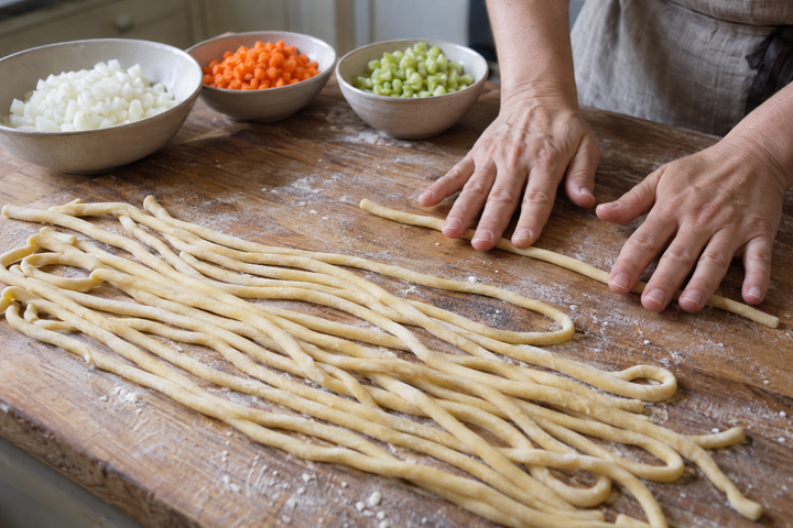 生地を休ませて野菜を切る