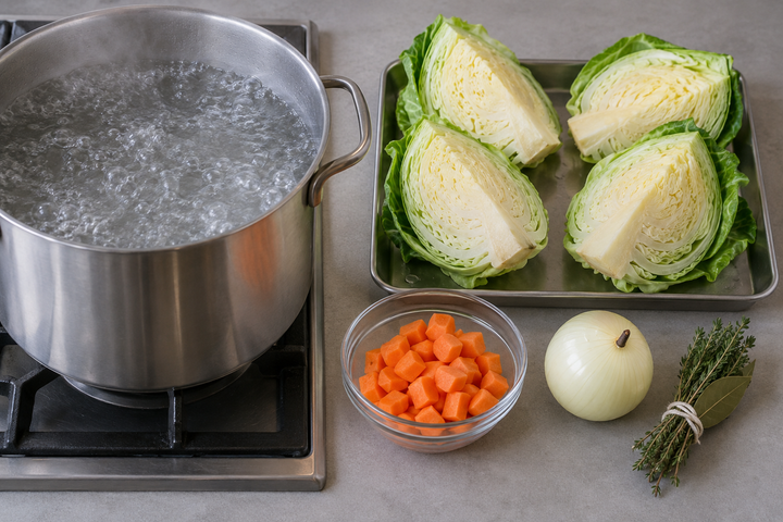 Quarter and wash the cabbage; bring water to a boil