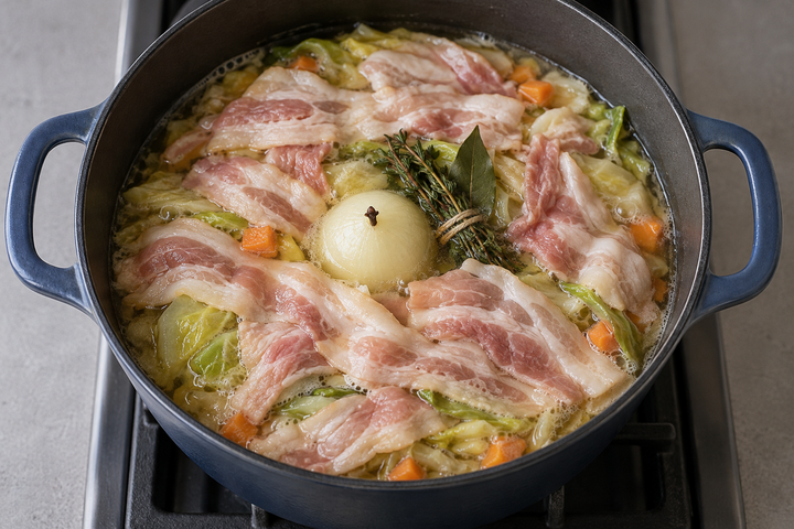 Layer cabbage and aromatics over pork belly and add stock
