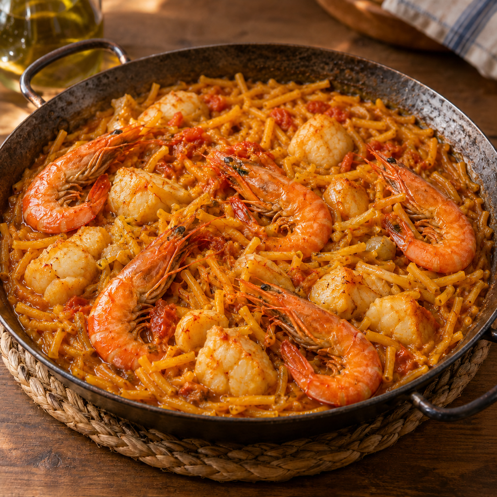 Fideuà di pesce e crostacei