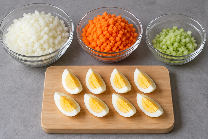ゆで卵を作り、香味野菜を刻む