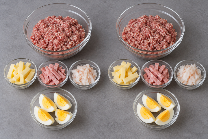 ひき肉の詰め物と切り分けた具を用意する