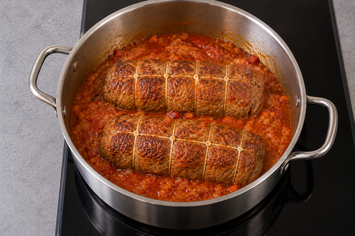 トマトソースで肉巻きを煮る