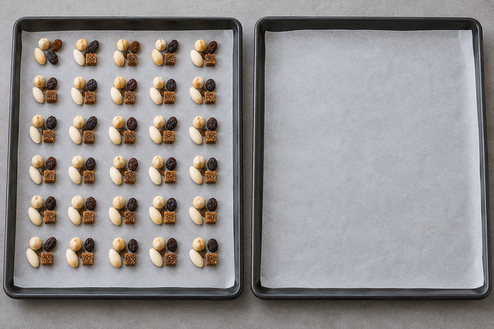 Prepare 30 sets of toppings and line the baking sheets
