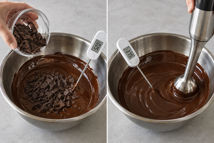 Melt to 50–55°C, then add the chopped chocolate and temper at 31–32°C