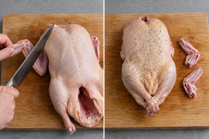 Trim the wing tips, season and tie the legs