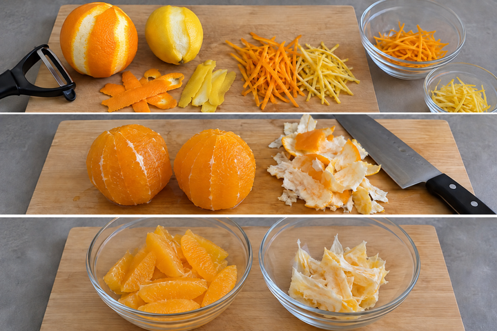 Roast over the wing tips for 25 minutes and prepare citrus peel and segments