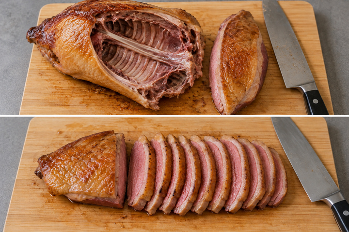 Finish with peel and butter and cut breast aiguillettes