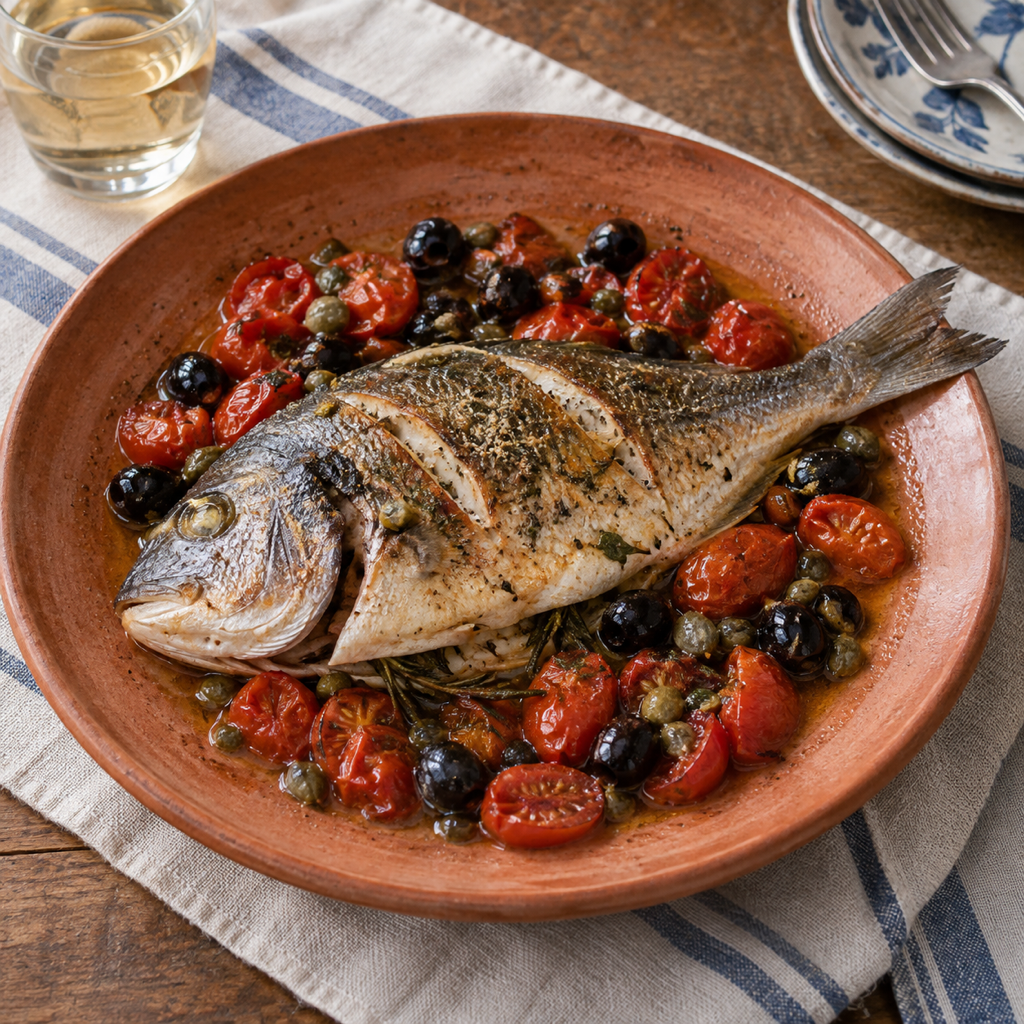 Dentice al forno con olive e capperi