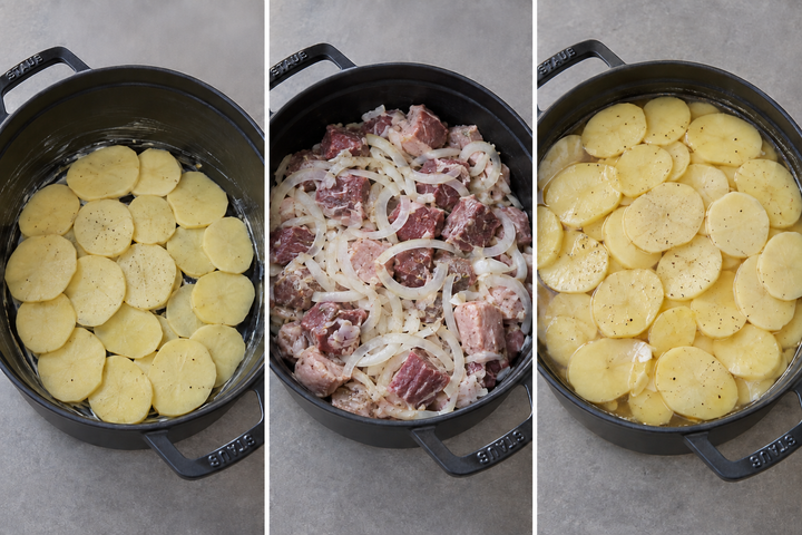 Layer potatoes, meat and onions and add the marinade