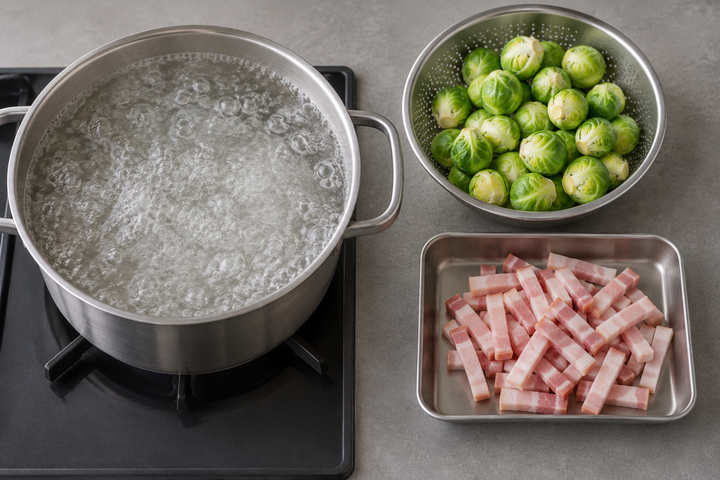 Trim and wash the sprouts, then cut the bacon into strips