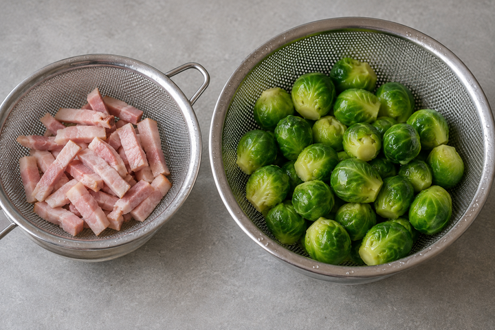 Blanch the bacon and boil the sprouts uncovered for 8 minutes