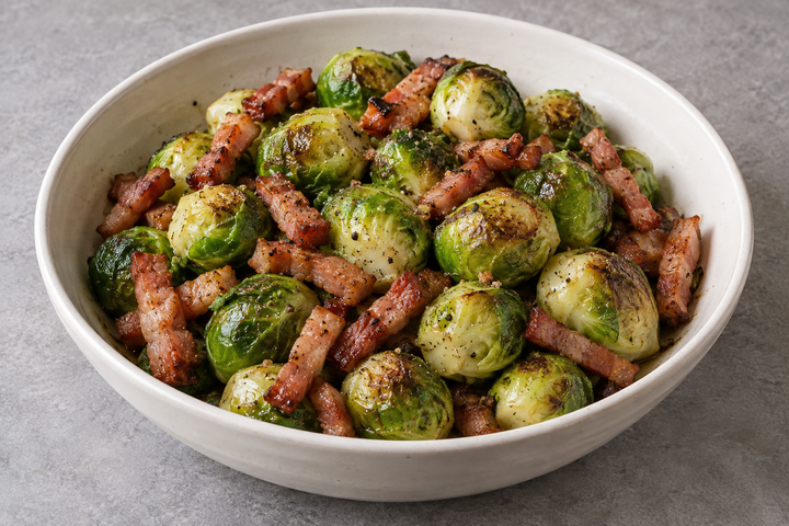 Fry the bacon in butter, then brown the sprouts over high heat