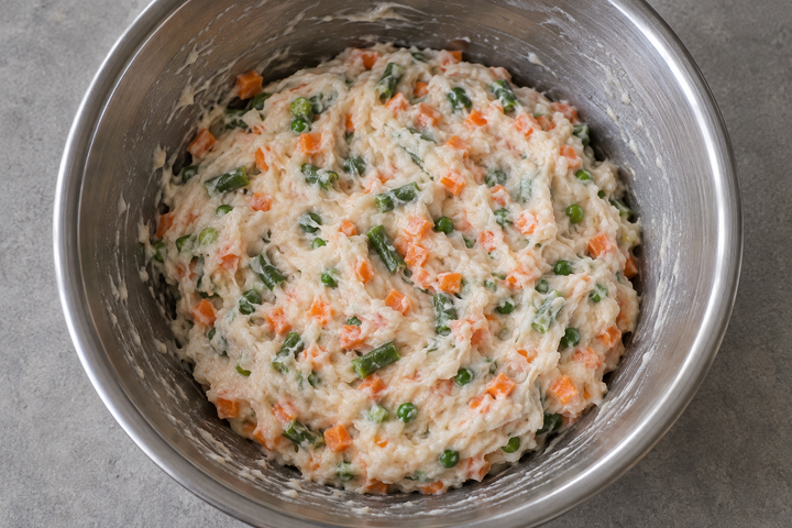 Process cod with eggs and fold in vegetables for the mousse