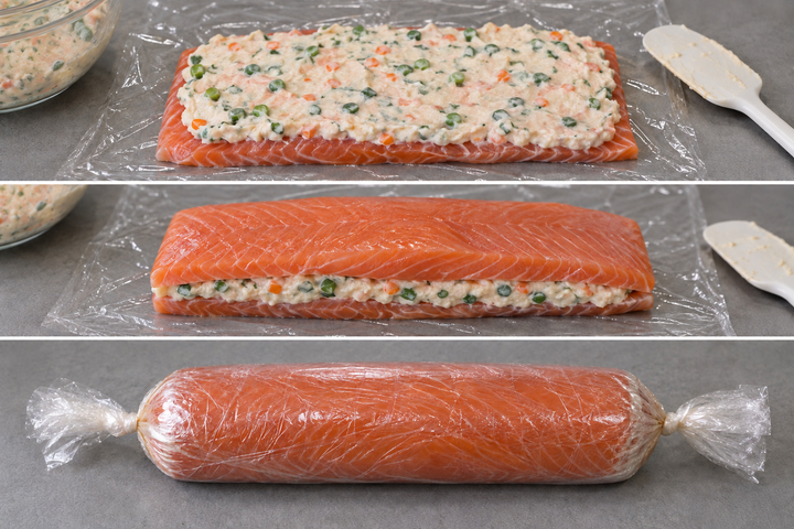 Sandwich the mousse between 2 salmon fillets and wrap in plastic wrap
